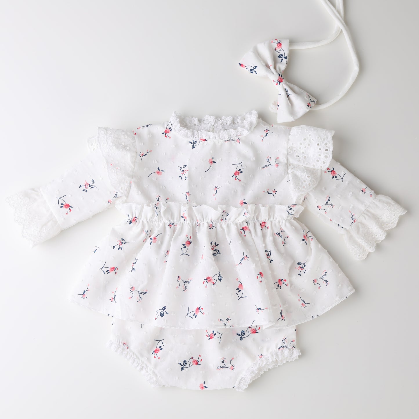 Swiss Dot Floral Newborn Romper Set - Baby Girl Photography Outfit with Headband