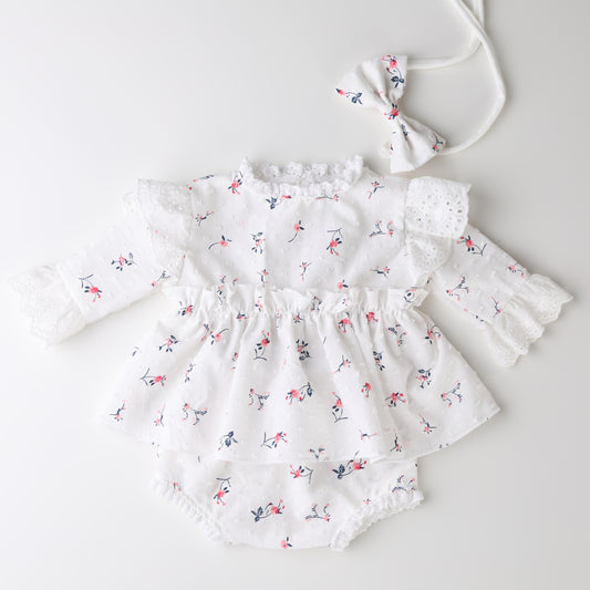 Swiss Dot Floral Newborn Romper Set - Baby Girl Photography Outfit with Headband