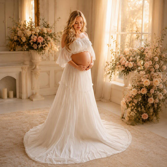 Isabella Off-Shoulder Chiffon Maternity Gown Photoshoot Prop