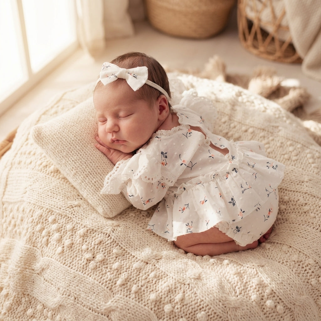 Swiss Dot Floral Newborn Romper Set - Baby Girl Photography Outfit with Headband