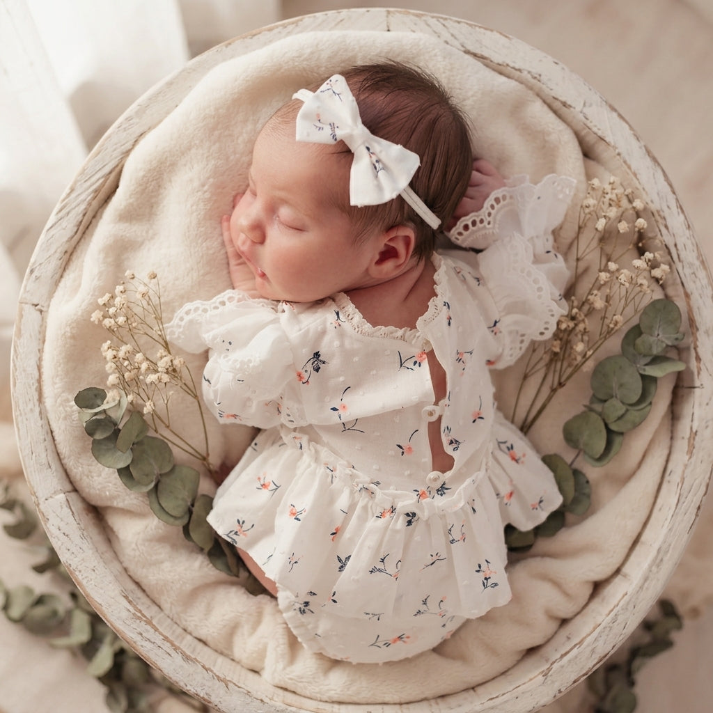 Swiss Dot Floral Newborn Romper Set - Baby Girl Photography Outfit with Headband